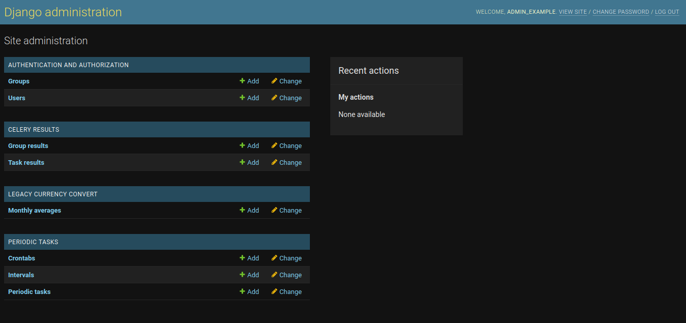 Django admin interface showing navigation menu with Groups, Users, Celery Results, Exchange rates, Crontabs, Intervals, Periodic tasks, and Clocked options