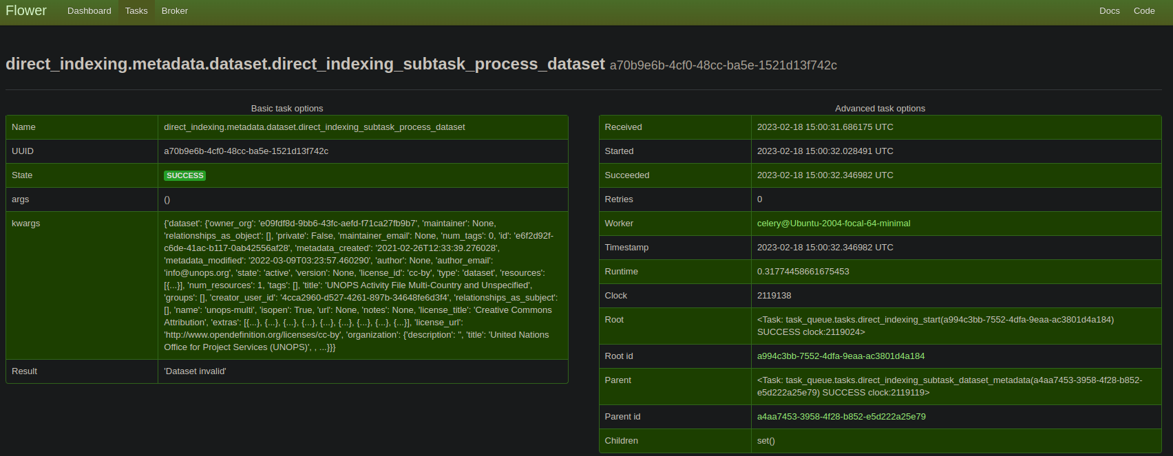 Celery Flower task result detail page showing individual task execution information including task ID, state, arguments, result, and traceback
