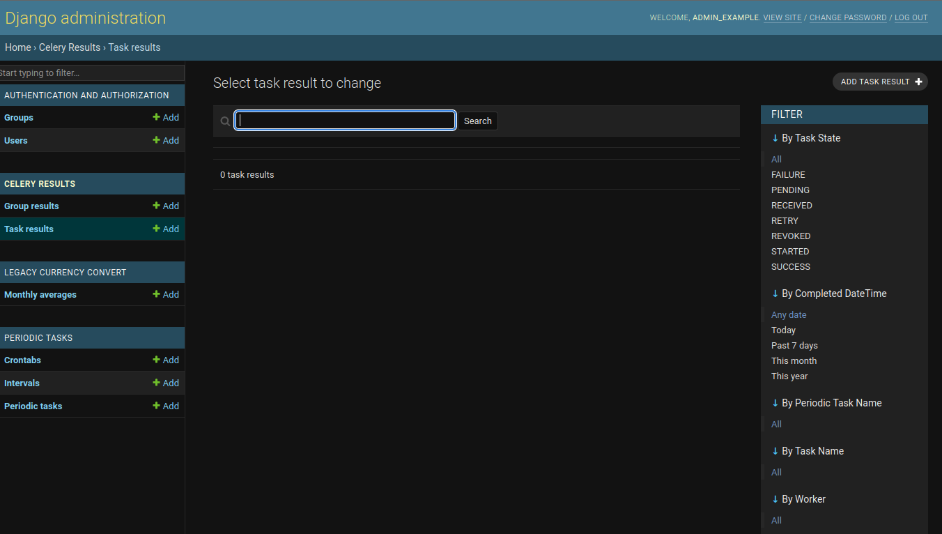 Django Celery task results page displaying a table of task executions with columns for task name, arguments, status, date created, and date done